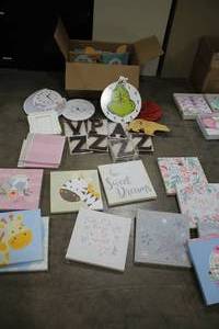 lot 615 image: Lot of (35) Baby Accessories - Canvas Art (x17), Letters (x12), Wall Clocks (x3), Cubes (x2, Frame (x1)