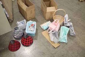 lot 651 image: Lot of (17) Baby Accessories - Lamp Shades (x8), Wicker (x2), Soft Side Caddys (x7)