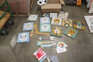 lot 635 image: Lot of (24) Baby Accessories - Wall Clocks, Wall Dcor, Canvas Art