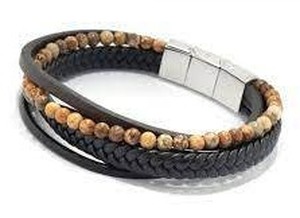 Invicta Jewelry LadiesMens 8.5 Stainless Steel, Leather & Jasper Stack Bracelet