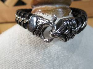 Invicta Jewelry Stainless Steel Bracelet, Interwoven Black Leather Curb Chain with Silvertones  LargeX-Large