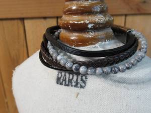 Invicta Jewelry LadiesMens 8.5 Stainless Steel, Leather & Jasper Stack Bracelet  Grey