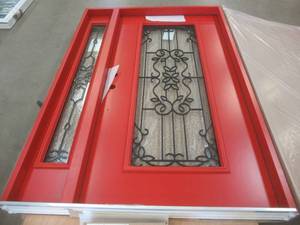 Front Entryway Door in Valli Red with Left Sidelite RH Inswing 56.937 in x 81.6875 (APPEARS TO BE IN NICE CONDITION)