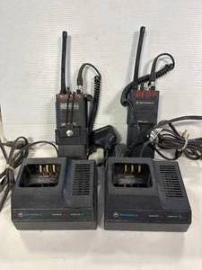 lot 28 image: Lot of 2 Motorola P100 Portable Radios, Chargers, Speakers