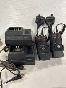 lot 27 image: Lot of 2 Motorola P100 Portable Radios, Chargers, Speakers