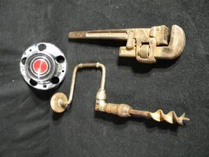 lot 229 image: Wheel Center Cap  Vintage Hand Drill  Pipe Wrench
