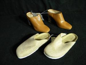 lot 206 image: Two Pairs Shoes Tan Heels and Tan Slip Ons Size 6.5