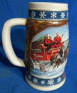 lot 209 image: 1995 Budweiser Holiday Stein Lighting the Way Home  Assorted Lot of Used Wine Corks  12 Walnut Colored Wooden Bowl