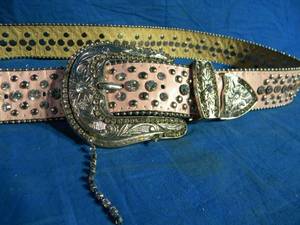 lot 224 image: Coogi Mens 36 x 15 Denim Shorts w Circle Designs Embroidered on the Back  Pink Studded Belt ML 30-32