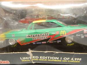 lot 46 image: RARE - RACING CHAMPIONS 124 SCALE DIE-CAST LIMITED EDITION 1 of 4,998 NHRA - 62 CHEVY BEL AIR - INTERSTATE BATTERIES, HOT ROD, McDONALDS, PONTIAC - NEW IN BOX - FANTASTIC PIECE - SEE PICTURES