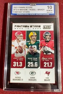 lot 61 image: 2021 Score MahomesRodgersBrady Card - ISA 10