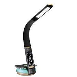 lot 12 image: OttLite LED Desk Lamp with Clock and Wireless Color Changing Charging Station, Black