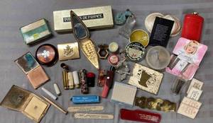 Vintage Make-Up Containers, 5-Bottle Set of Parfums De France, Small Photo Frame of Lucille Ball and Richard Burton plus Many More Items