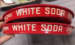 Two Vintage Serving Trays Advertising Sparkling Rock Spring Water, Black Jack Kola Ginger Ale, and White Soda