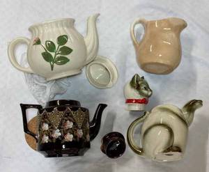 Three Vintage Teapots (One is a Siamese Cat Teapot and a Stoneware Cream Pitcher