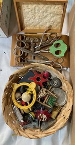 Vintage Wooden Spools of Thread, Bias Fold Tape, Darners Items, Assorted Scissors, Petite Belt Buckles, Pin Cushion