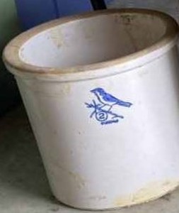 5-Gallon Red Wing Crock Jar - Missing Handles, 2-Gallon Crock Jar with Leaf Marking, and a 2-Gallon Crock Jar with Blue Bird Marking