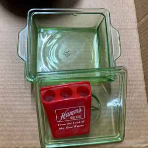 Hamms Beer Plastic PenPencil Holder Glued to the Cover of a Green Depression Covered Square Dish