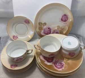 Vintage German Dishes, Dinner Plates, Cups and Saucers, Pitcher with a Floral Design - Two Pieces have a small chip