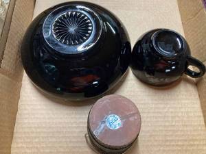 Black Dish and a Partial Set of W.S. George Dishes with the Cherry Blossom Pattern