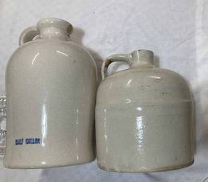 Vintage Five Half-Gallon and Smaller Stoneware Jugs and a Vintage George Dickel Tennessee Sour Mash Whiskey Bottle