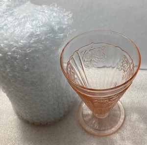 Depression Colored Ornate Sundae Dish, Pair of Ornate Goblets, and a Pair of Stemmed Glasses
