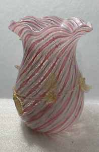 Four Unique Glass Bottles, Swirl Colored Vase, and an Ornate Covered Dish