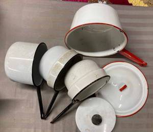 16 Pieces of Assorted Enamel Cookware including Two Childs Potty Pieces, and a Tin Dipper