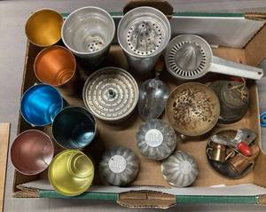 Vintage Kitchen Items, Jello Molds, Drink Shakers, Metal Bell, Juicers, Salad Makers, Strainers, Small Stainless Steel Bowl and More