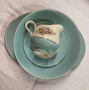 Partial Set of Hand Decorated Danube Dishes and Service Pieces and Three Pressed Glass Celerys
