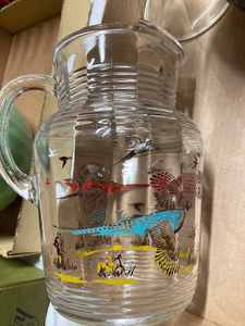 Box of Vintage Glass Pitcher with Pheasant Scene - Has a Crack, Three Glass Vases, Pottery Pitcher, and an Ornate Ice Bucket