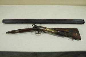 lot 53 image: Antique Carved Stock Side by Side Percussion Cap Muzzleloader