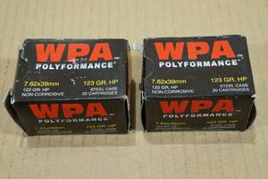 lot 205 image: 40 WPA Polyformance 7.62 x 39mm 123 Gr HP Steel Case Ammo