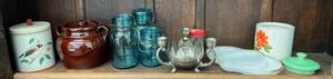 Shelf Of Misc. Antiques Including Ball Brand Blue Jars