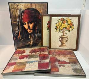 Group Of Misc. Frame Prints 21 12 x 17 34, 2 20 12 x 20 12 Including Jack Sparrow 28 12 x 22 Framed Poster