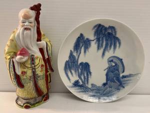 Vintage Oriental Items Including Chinese Shou Xing Scholar Statue 8 And Blue & White Bowl