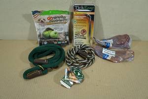 lot 57 image: Assorted Dog Goods -Tick Tweezers, Chew Bones, Leashes, Pigs Ears