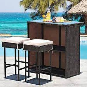 lot 1 image: HONEY JOY 3-Pieces Patio Wicker Rattan Outdoor Bar Set Table with 2 White Cushioned Stools