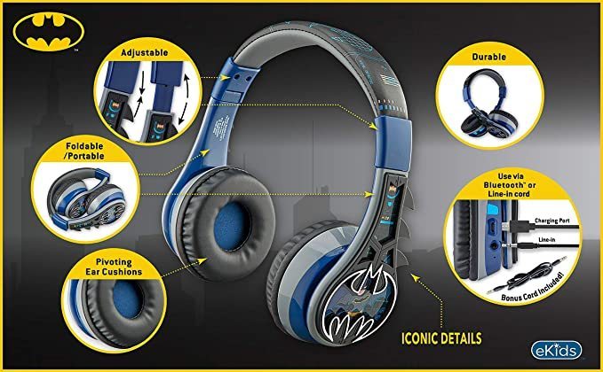 lot 305 image: NEW eKids Batman Bluetooth Headphones for Kids, Wireless Headphones with Microphone, Volume Limited