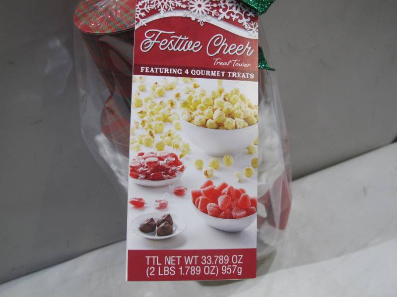 lot 339 image: NEW Sant Claus Festive Cheer Treat Tower Featuring 4 Gourmet Treats