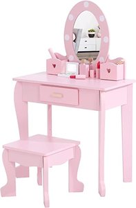 lot 186 image: Kids Vanity with Mirror and Stool, Girls Vanity with Wood Makeup Playset, Princess Vanity Table for Toddlers, Pink