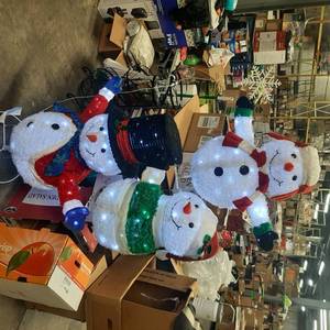 lot 112 image: Pallet of Christmas Overstock - Light Up Snowman Outdoor Decoration and Artificial Christmas Tree