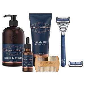 lot 197 image: NEW King C. Gillette Beard Care Kit Featuring 1 Razor with 2 Blade Refills,1 Oz Beard Oil, 11 Oz Beard Wash, 5 Oz Shave Gel, 1 Comb