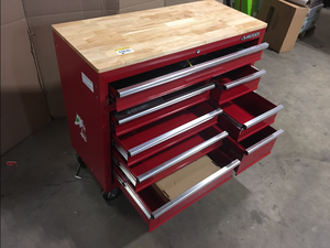 Husky  42 in. W x 18.1 in. D 8-Drawer Red Mobile Workbench Cabinet with Solid Wood Top, Open Box, Review all pictures