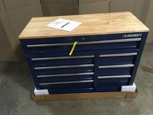 Husky  42 in. W x 18.1 in. D 8-Drawer Blue Mobile Workbench Cabinet with Solid Wood Top, Open Box, Review all pictures