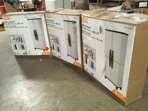HDX  Plastic Freestanding Garage Cabinet in Gray (27 in. W x 68 in. H x 15 in. D), Lot of 3, Review all pictures