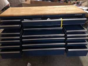 Husky  72 in. W x 24 in. D Standard Duty 18-Drawer Mobile Workbench Tool Chest with Solid Wood Top in Gloss Blue, Has Damage, Review all pictures