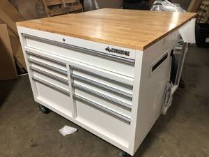 Husky  46 in. W x 51 in. D Standard Duty 9-Drawer Mobile Workbench with Solid Top Full Length Extension Table in Gloss White, Damage, Customer return, review all pictures