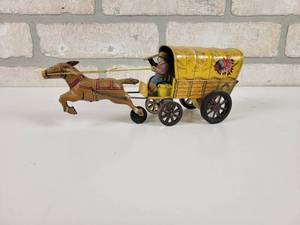 lot 3 image: Vintage ALPS Tin Friction Drive Covered Wagon Toy - Works - Approx. 8 Long