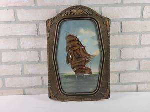 lot 29 image: Ornate Framed Ship Painting with Convex Glass - Approx. 18 x 12
